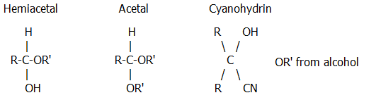 hemiacetyal acetal cyanohydrin aldehydes ketones nucleophilic addition carbonyls A-level organic chemistry revision chembook